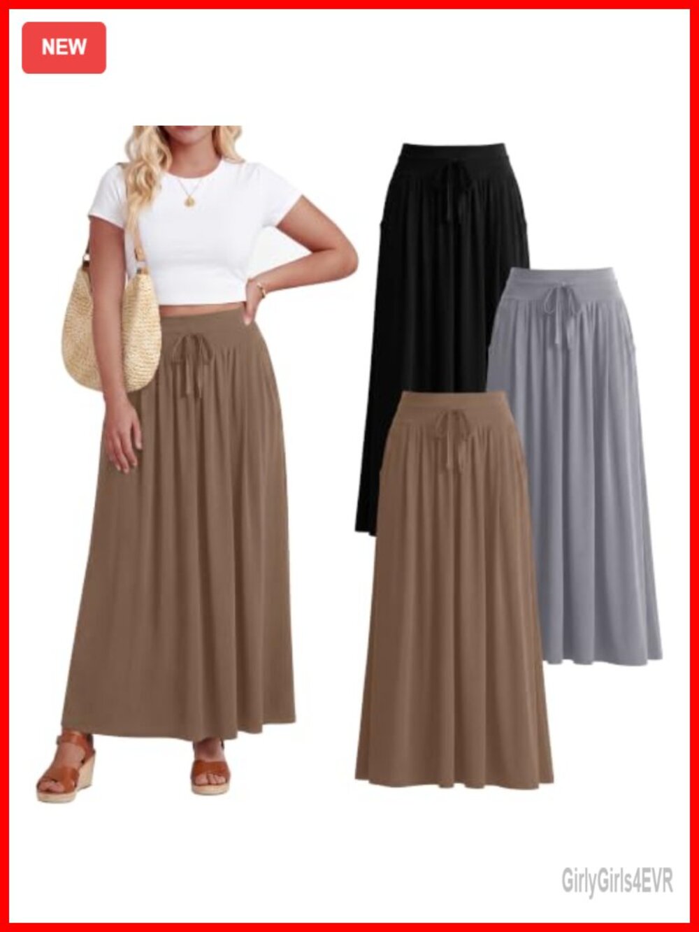 Plus Size Maxi Skirts 3 Pack Polyester Acrylic Cotton A-Line High Waist Pockets